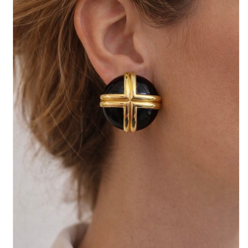 Vintage Black Gold Dome Clip On Earrings Statement Cross Cabochon 80s Bold